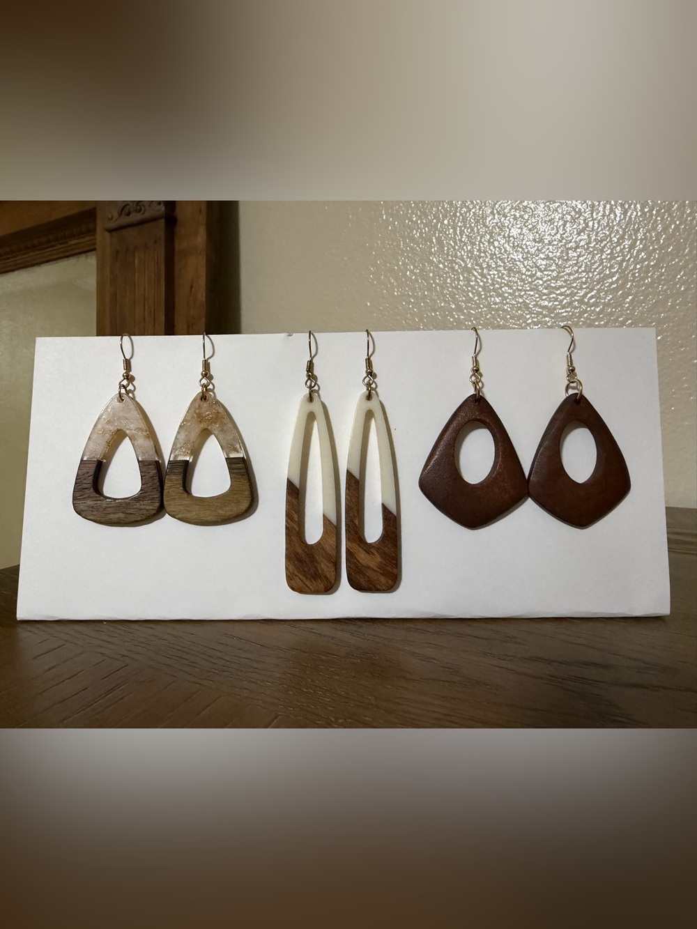 Wood and Cream Resin Drop Earrings - Two-Tone Teardrop Style